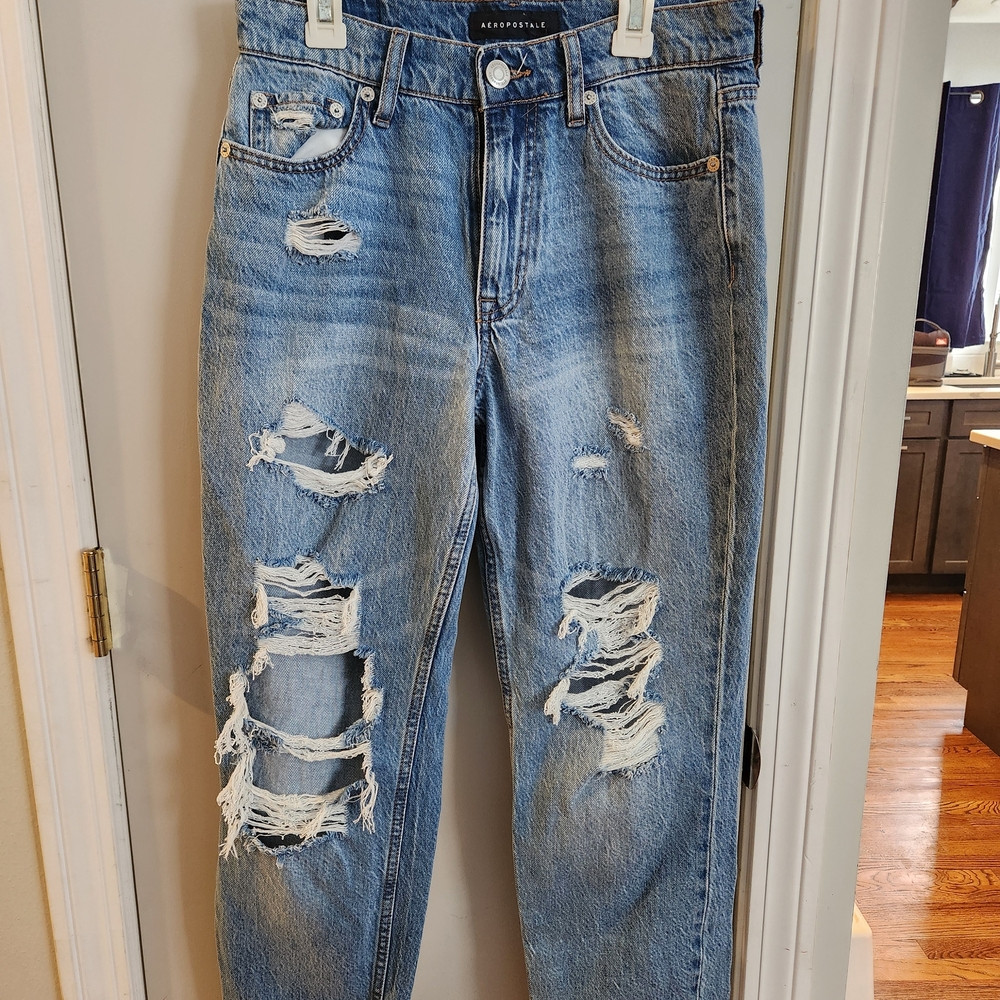 Aeropostale Women's High Waisted Distressed Mom Jeans